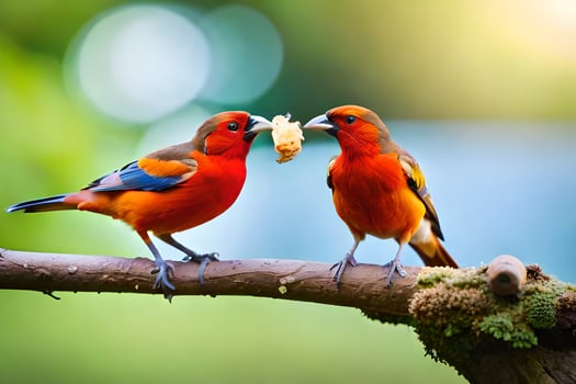 two colorful birds eating a piece of fruit. AI-Generated photo