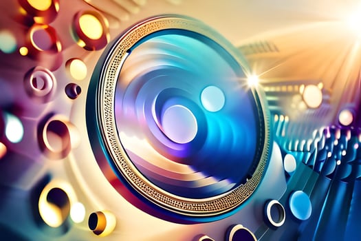 a camera lens is in the center of a colorful background. AI-Generated photo