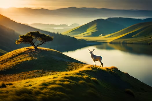 the deer is standing on the edge of a hill overlooking a lake. AI-Generated photo