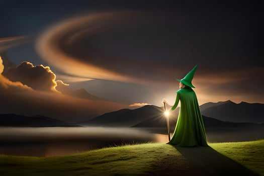 a wizard in green robes stands on a hill overlooking a lake. AI-Generated photo