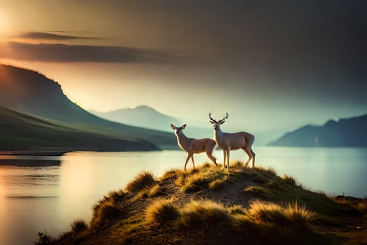 two deer standing on the edge of a lake at sunset. AI-Generated photo