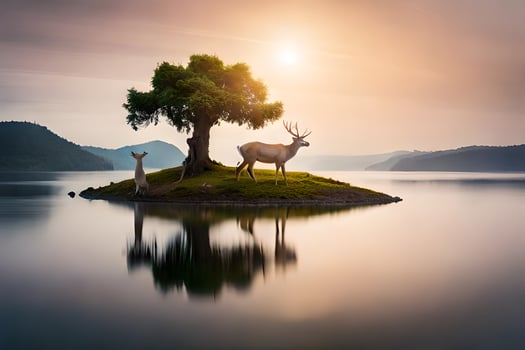 photo wallpaper the sky, trees, deer, lake, water, sunset, the lake, the. AI-Generated