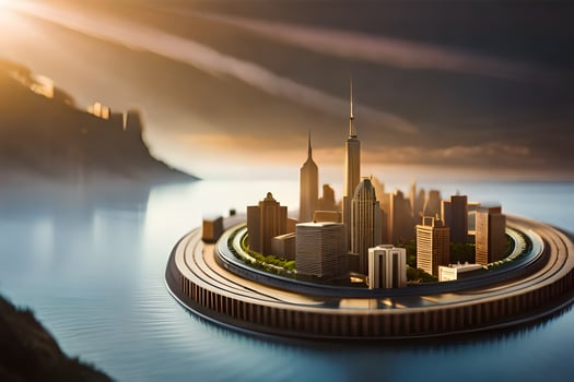 a city floating in the middle of a lake. AI-Generated photo