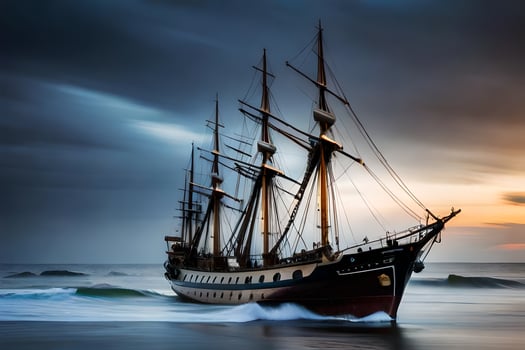 a tall ship sailing in the ocean at sunset. AI-Generated photo
