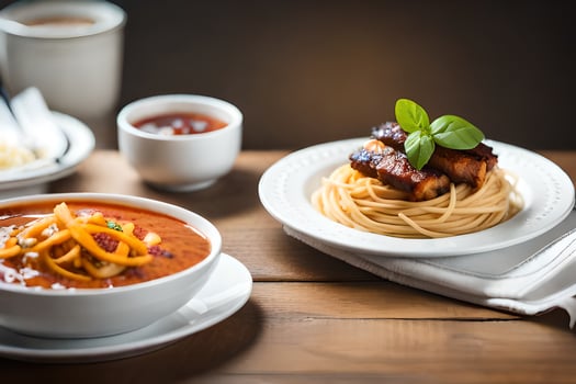 a plate of spaghetti and meatballs on a wooden table. AI-Generated photo