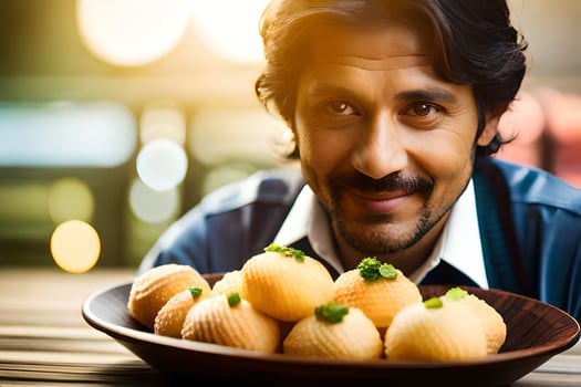 a man smiles while holding a bowl of food. AI-Generated photo