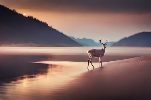 a deer stands on the shore of a lake at sunset. AI-Generated photo