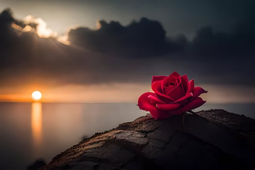 a red rose sits on a rock in front of the sunset. AI-Generated photo