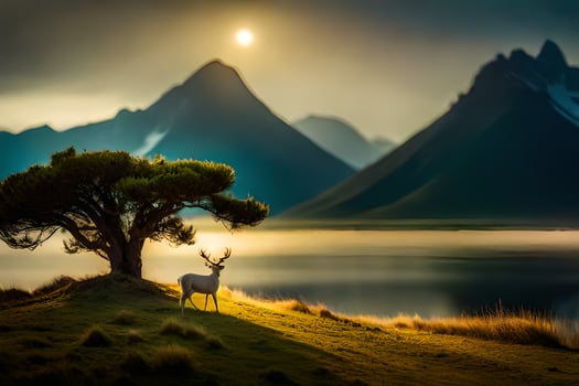 the deer is standing in front of the tree in the middle of the lake. AI-Generated photo