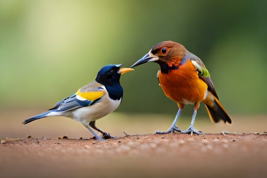 two birds standing on the ground with their beaks open. AI-Generated photo