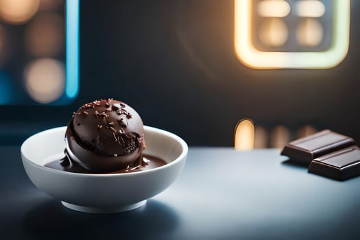 a bowl of chocolate ice cream with a piece of chocolate in it. AI-Generated photo