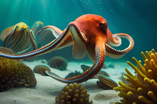 an octopus swimming in the ocean with an anemone. AI-Generated photo