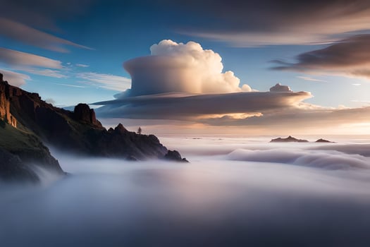 a cloud over the ocean with rocks and mountains in the background. AI-Generated photo