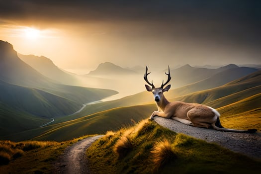 a deer sits on a hill overlooking a valley. AI-Generated photo