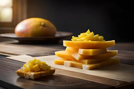 a piece of cheese on a cutting board with an orange. AI-Generated photo