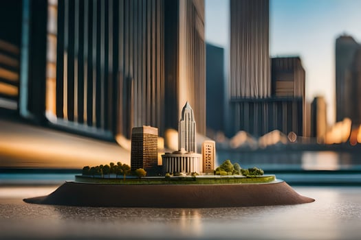 a miniature city in front of tall buildings. AI-Generated photo