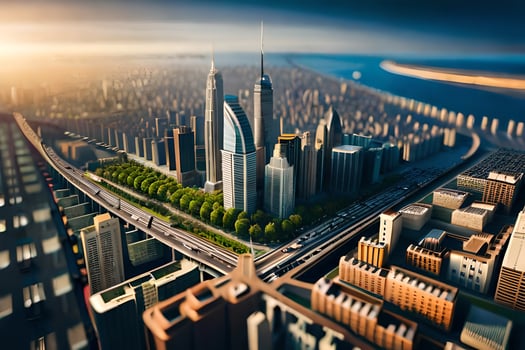 a city with tall buildings and a highway. AI-Generated photo