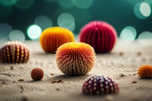 a group of colorful spiky balls on the sand. AI-Generated photo