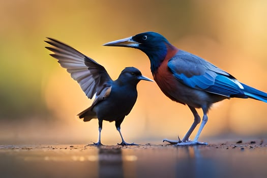 two birds standing on the ground with their wings spread. AI-Generated photo