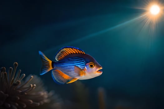 a fish in the ocean with a bright light shining on it. AI-Generated photo