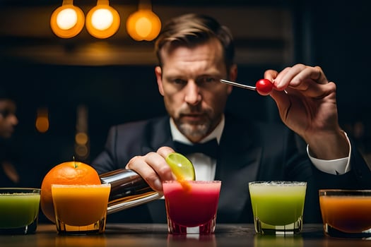 a man in a tuxedo is making cocktails. AI-Generated photo