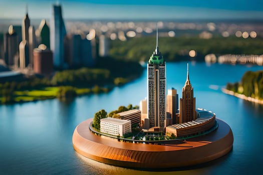 a miniature city on top of a small island. AI-Generated photo