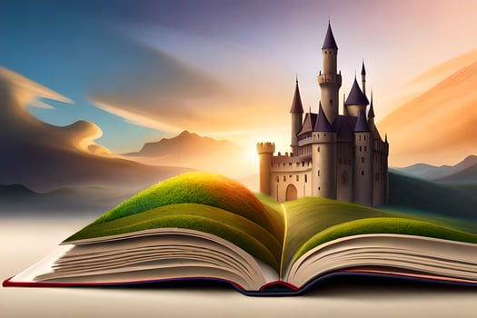 an open book with a castle on top of it. AI-Generated photo