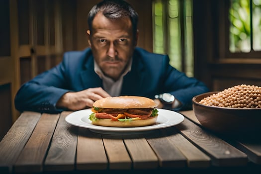 a man in a suit is sitting at a table with a plate of food. AI-Generated photo