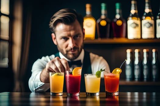 a man in a tuxedo is holding up four different drinks. AI-Generated photo