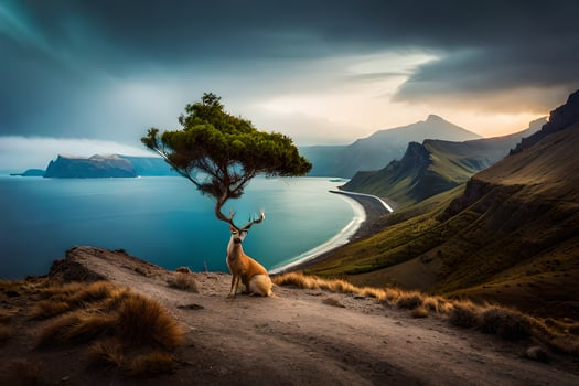 a deer stands on top of a mountain with a tree in the background. AI-Generated photo