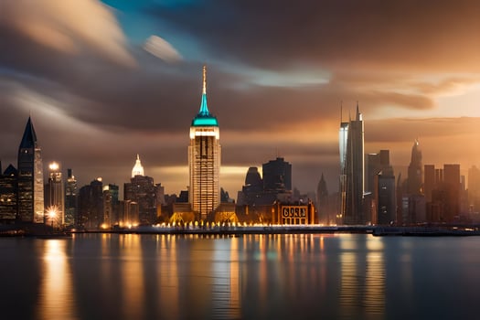 the empire state building is lit up at night. AI-Generated photo