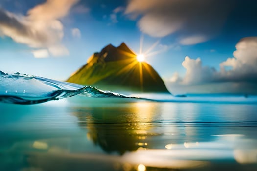 the sun is shining over a mountain in the ocean. AI-Generated photo
