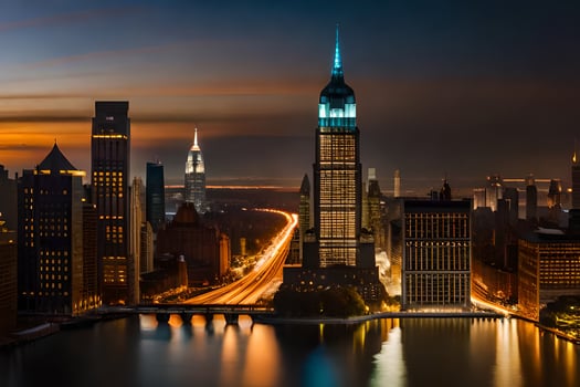 the city skyline at night with the empire state building in the foreground. AI-Generated photo