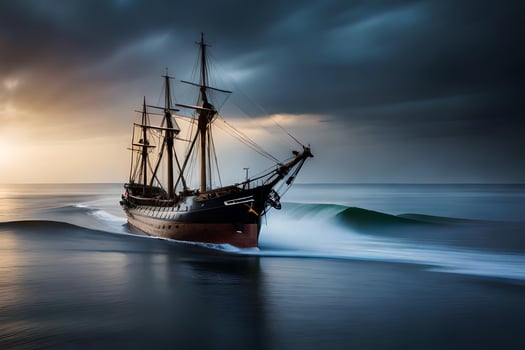 a sailing ship in the ocean at sunset. AI-Generated photo