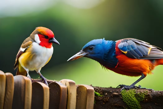 two colorful birds standing on a wooden fence. AI-Generated photo