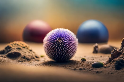 a purple ball in the sand with other objects. AI-Generated photo