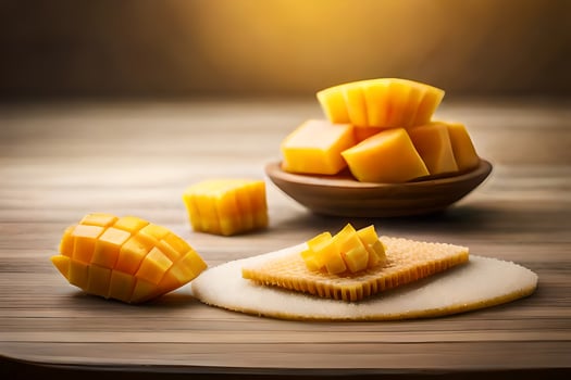 mango slices on a wooden table. AI-Generated photo