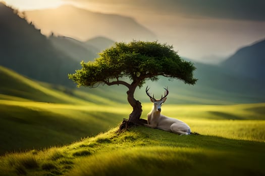 the deer is resting under the tree. AI-Generated photo