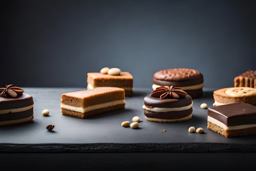 a variety of chocolate desserts on a black surface. AI-Generated photo