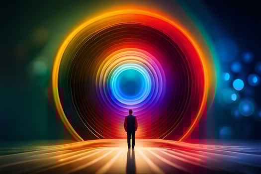 a man standing in front of a colorful light ring. AI-Generated photo