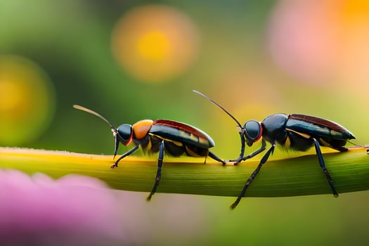 two beetles sitting on a plant. AI-Generated photo