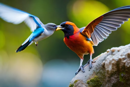 two colorful birds are flying together. AI-Generated photo