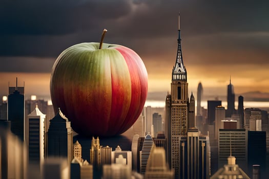 an apple is sitting on top of a cityscape. AI-Generated photo