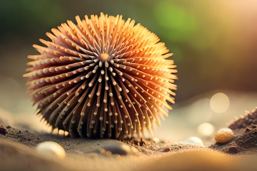 a close up of a spiky ball on the sand. AI-Generated photo