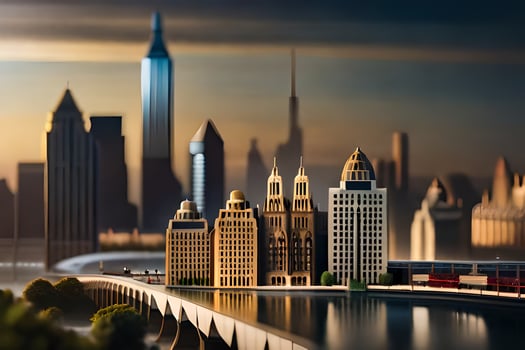 a miniature city with a bridge over a river. AI-Generated photo