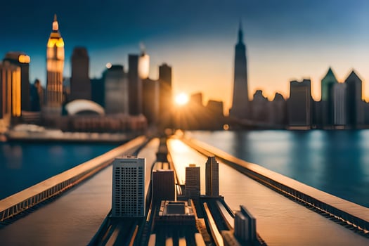 the sun is setting over a city skyline. AI-Generated photo