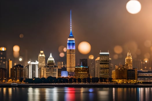 the city skyline at night with lights reflecting off the water. AI-Generated photo