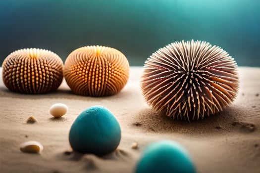 three wooden balls and an egg on a sandy surface. AI-Generated photo