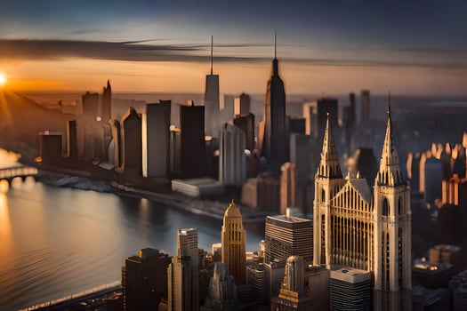 the sun sets over a city skyline. AI-Generated photo