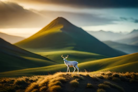 a white deer stands in the middle of a green field. AI-Generated photo